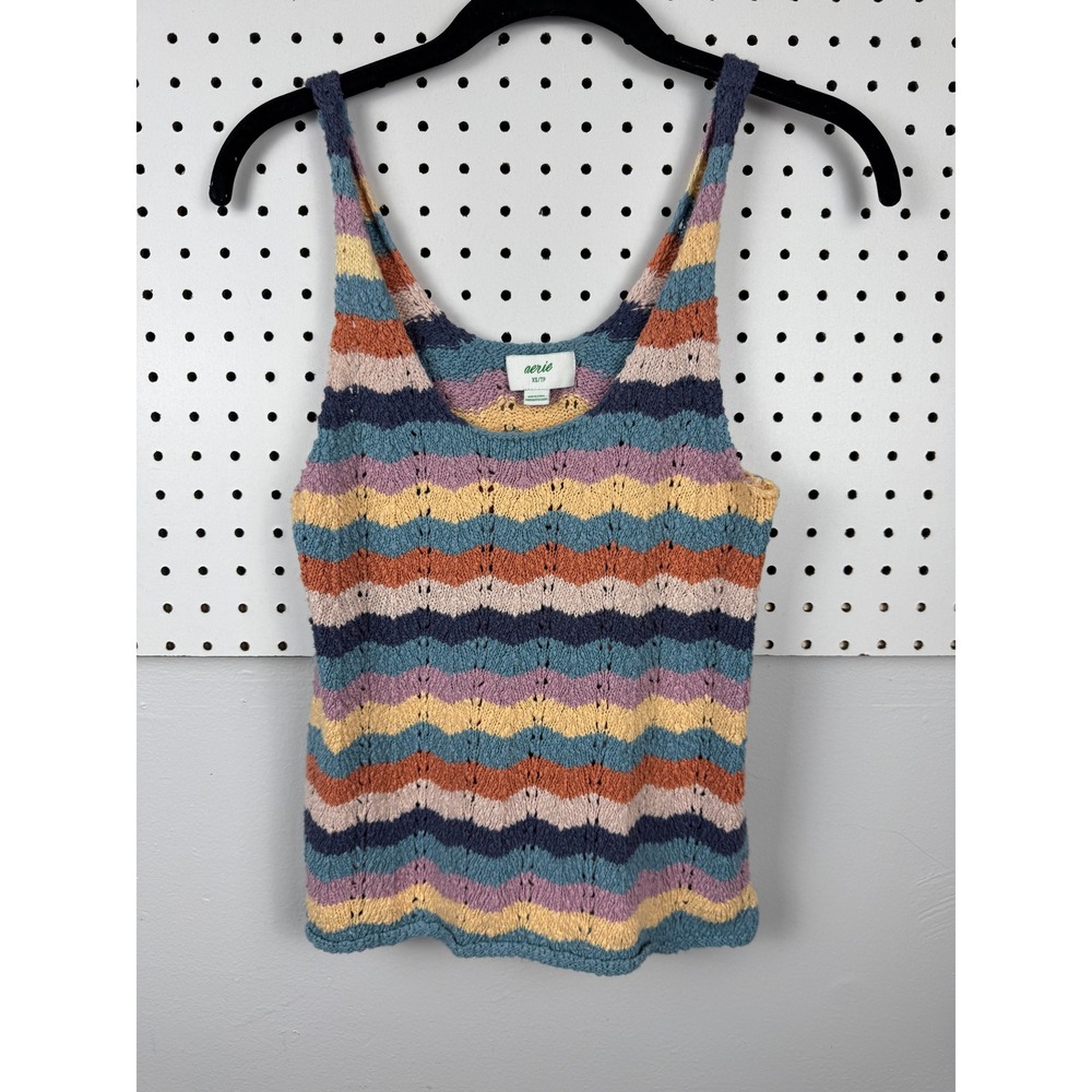 Aerie Crochet Knit Tank Top XS Multicolor Chevron Stripe Pointelle Sleeveless